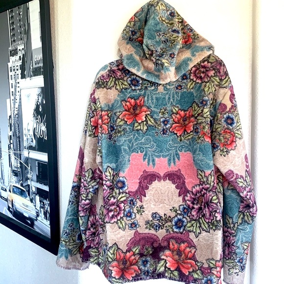 JOHNNY WAS Biya Sherpa Hoodie, colorful floral; cream turquoise purple. L - Picture 3 of 17